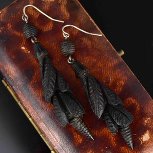 Antique Victorian Irish Bog Oak SnowDrop Flower Mourning Earrings - Boylerpf