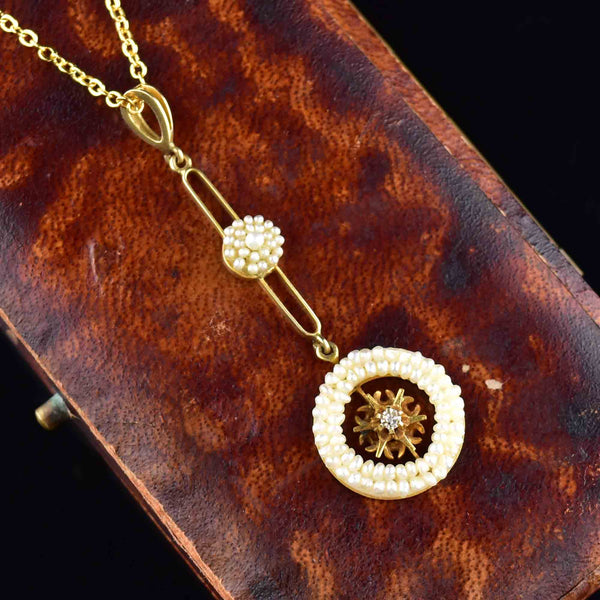 Antique 14K Gold Diamond Seed Pearl Lavaliere Necklace - Boylerpf