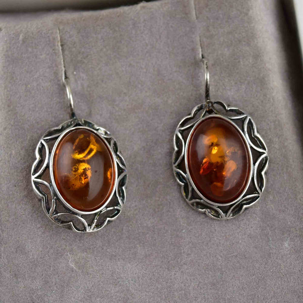 Vintage Silver Heart Amber Cabochon Statement Earrings - Boylerpf