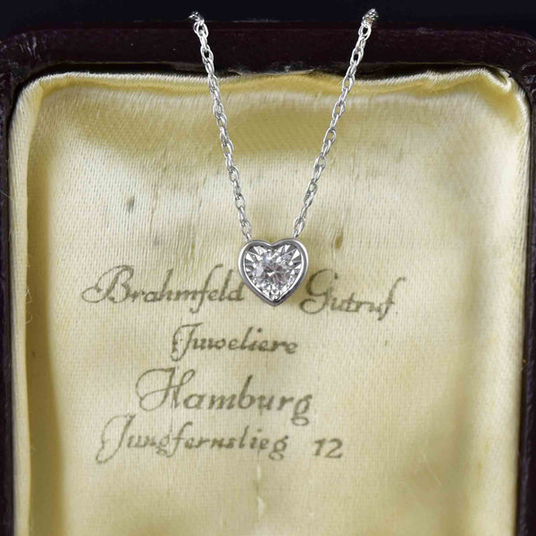 Vintage 10K White Gold Diamond Heart Slider Pendant Necklace - Boylerpf