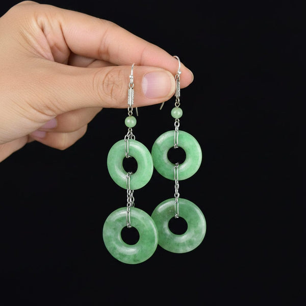Art Deco Sterling Silver Jade Hoop Chandelier Earrings - Boylerpf