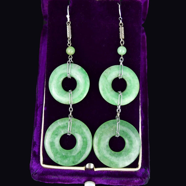 Art Deco Sterling Silver Jade Hoop Chandelier Earrings - Boylerpf