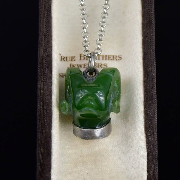 Vintage Silver Carved Jade Ram Head Necklace - Boylerpf