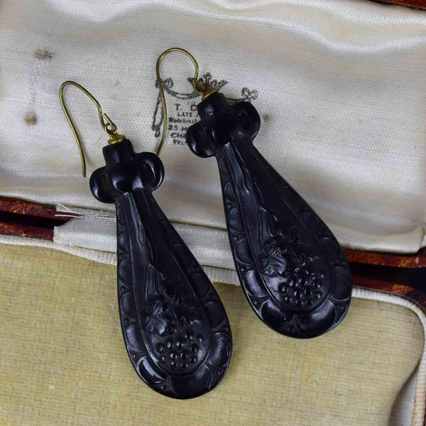 Antique Victorian Grapevine Carved Whitby Jet Drop Earrings - Boylerpf