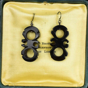 Antique Victorian Carved Whitby Jet Geometric Drop Earrings - Boylerpf