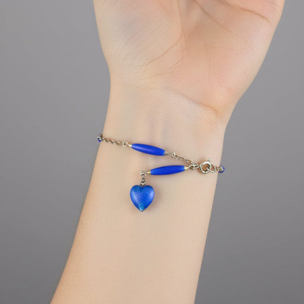 Art Deco Sterling Silver Cobalt Blue Enamel Heart Bracelet