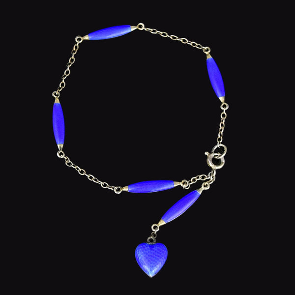 Art Deco Sterling Silver Cobalt Blue Enamel Heart Bracelet