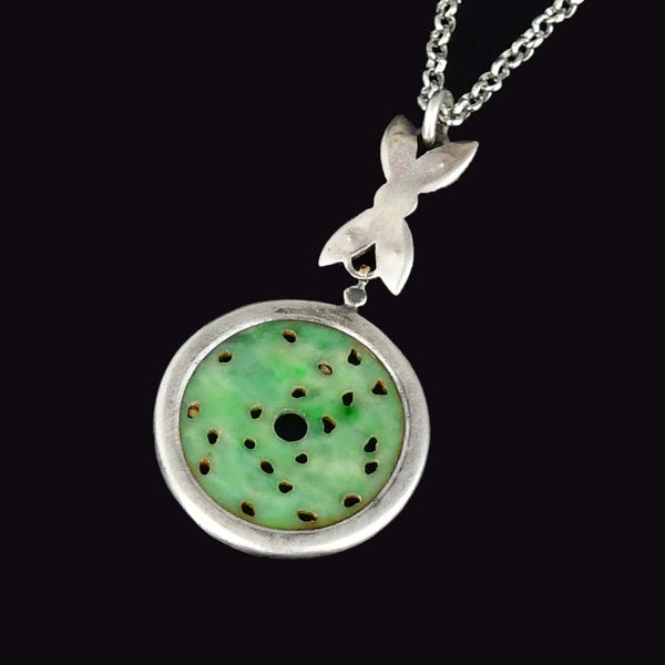 Vintage Art Deco Jade Marcasite Sterling Silver Necklace - Boylerpf