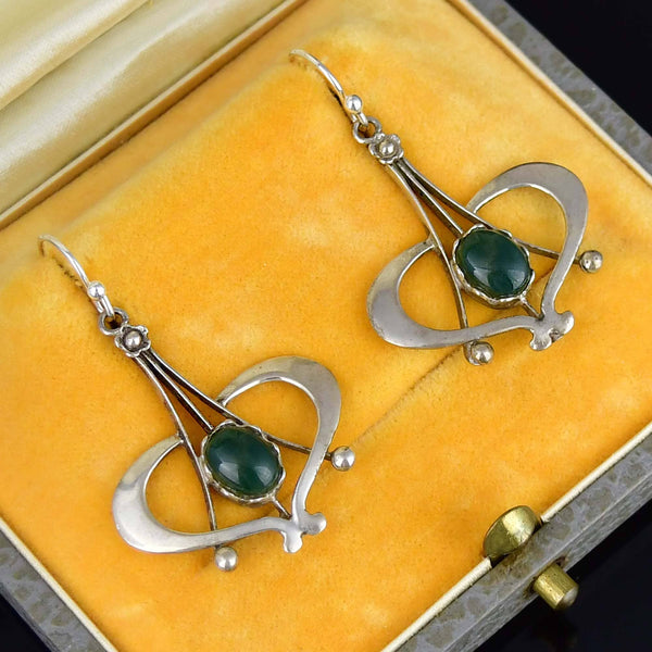 Vintage Arts & Crafts Silver Moss Agate Dangle Earrings