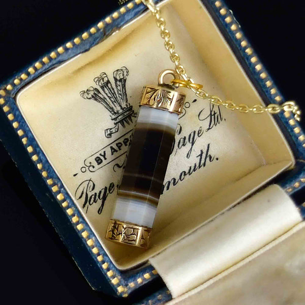Antique Victorian Gold Floral Banded Agate Barrel Pendant Necklace - Boylerpf