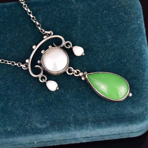 Antique Arts & Crafts Chrysoprase Pearl Drop Pendant Necklace - Boylerpf