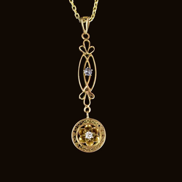 Art Nouveau 10K Gold Diamond Sapphire Lavalier Necklace - Boylerpf