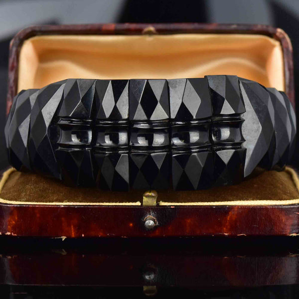 Antique Victorian Geometric Carved Whitby Jet Bracelet - Boylerpf