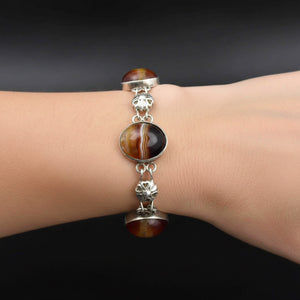 Arts and Crafts Silver Floral Banded Agate Bracelet - Boylerpf
