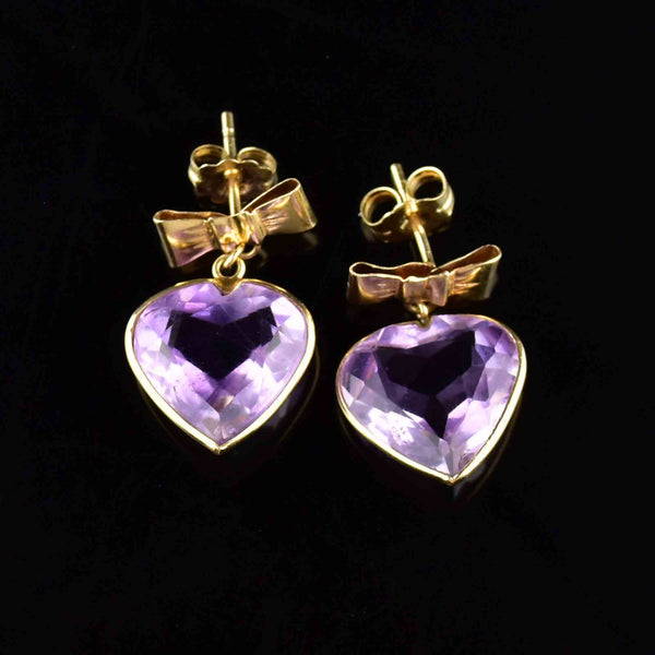 Vintage 14K Gold Bow Amethyst Heart Stud Drop Earrings - Boylerpf