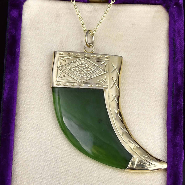 Vintage Large Carved Jade Claw Pendant Necklace