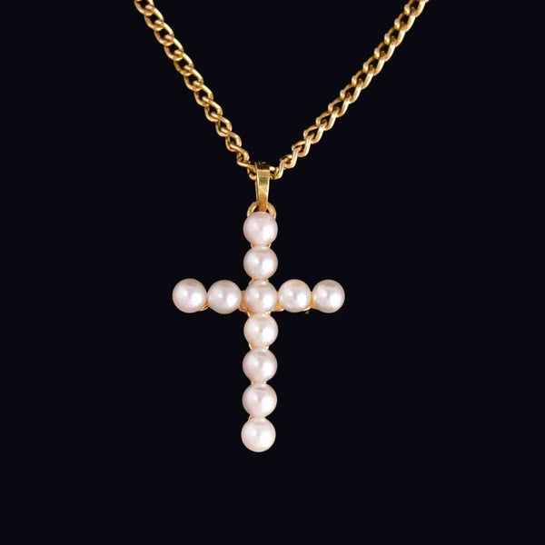 14K Gold Cultured Pearl Cross Charm Pendant Necklace - Boylerpf