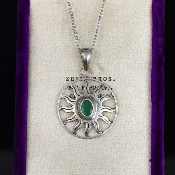 Vintage Emerald Sterling Silver Sun Pendant Necklace