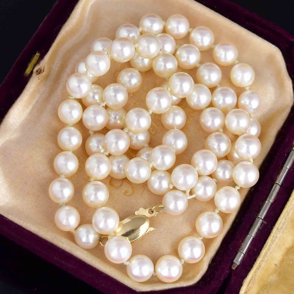 Vintage 14K Gold Hand Knotted 6mm White Pearl Necklace - Boylerpf