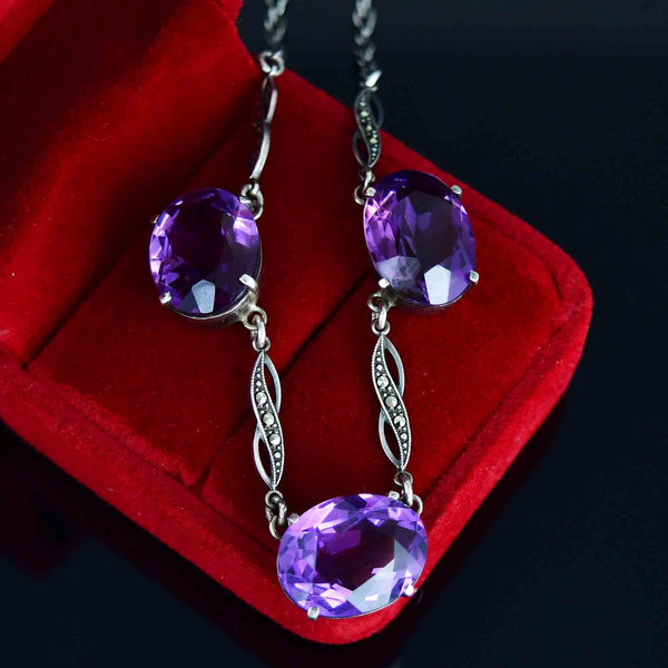 Art Deco Style Sterling Silver Amethyst Marcasite Necklace - Boylerpf