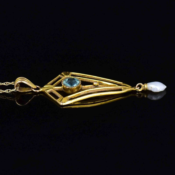 Art Nouveau Gold Pearl Blue Tourmaline Lavaliere Necklace - Boylerpf