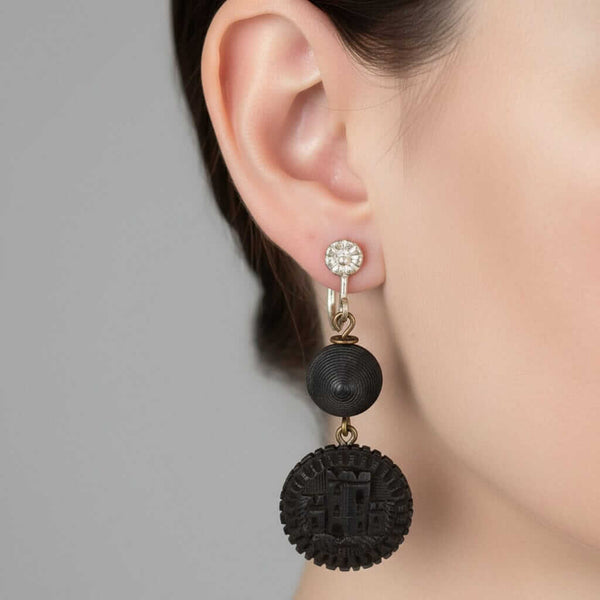 Antique Victorian Irish Bog Oak Castle Earrings - Boylerpf