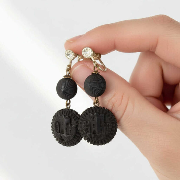 Antique Victorian Irish Bog Oak Castle Earrings - Boylerpf