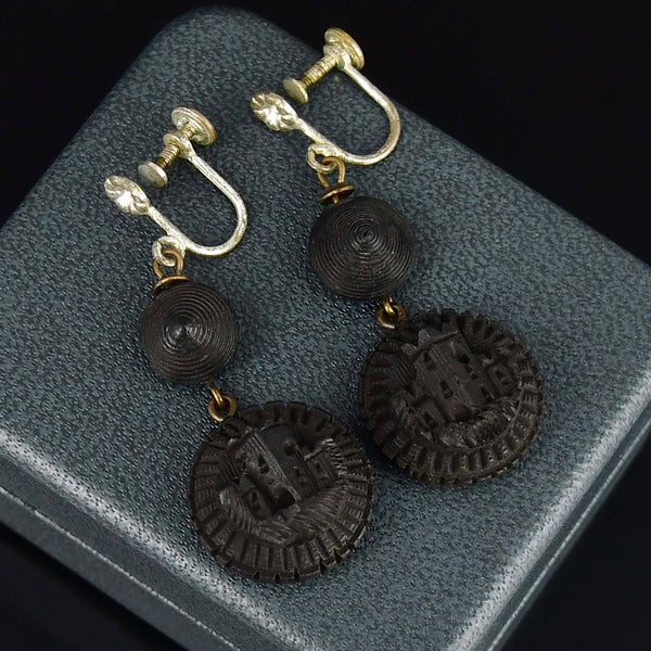 Antique Victorian Irish Bog Oak Castle Earrings - Boylerpf