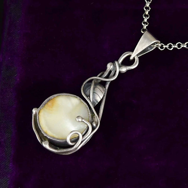 Arts & Crafts Sterling Silver Leaf Mother of Pearl Necklace