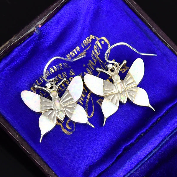 Vintage Sterling Silver Opal Butterfly Drop Earrings - Boylerpf