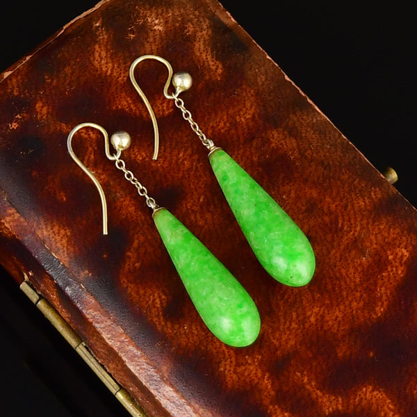Antique Jade Teardrop Earrings in 9K Gold