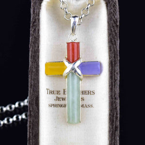 Vintage Multi Colored Jade Silver Cross Pendant Necklace - Boylerpf