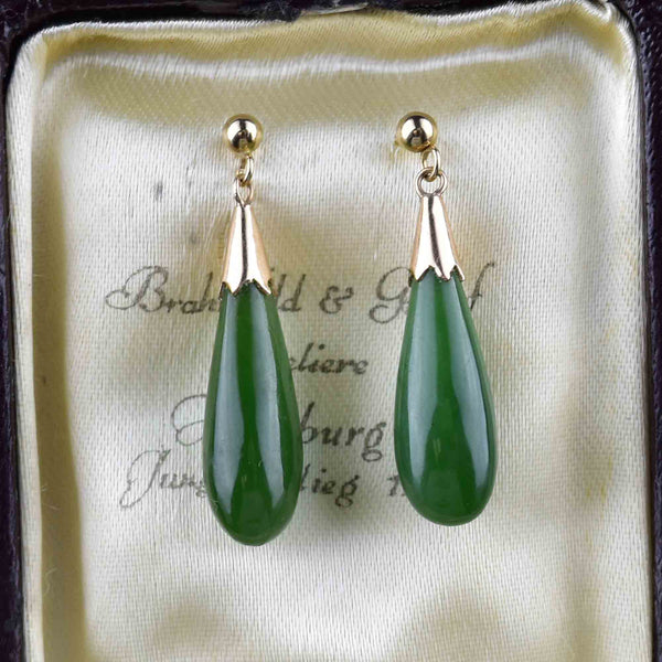 Vintage Natural Jade Teardrop Pendant Earrings in 14K Gold - Boylerpf