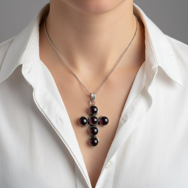Vintage Amethyst Cabochon Cross Necklace in Sterling Silver - Boylerpf