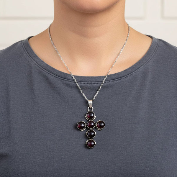 Vintage Amethyst Cabochon Cross Necklace in Sterling Silver - Boylerpf