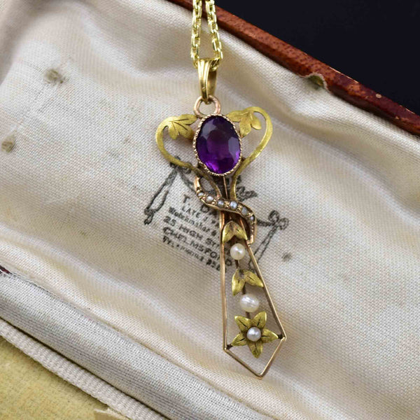 Antique Art Nouveau Gold Amethyst Pearl Cross Lavaliere Necklace - Boylerpf