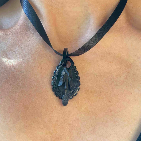 Antique Victorian Carved Whitby Jet Acorn Pendant - Boylerpf