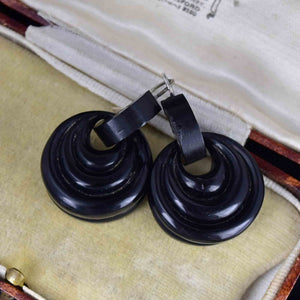 Antique Victorian Carved Hoop Whitby Jet Earrings - Boylerpf