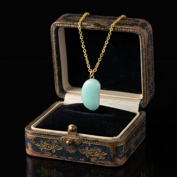 Vintage 9K Gold Amazonite Lucky Bean Charm Necklace - Boylerpf