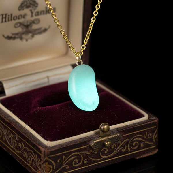 Vintage 9K Gold Amazonite Lucky Bean Charm Necklace - Boylerpf