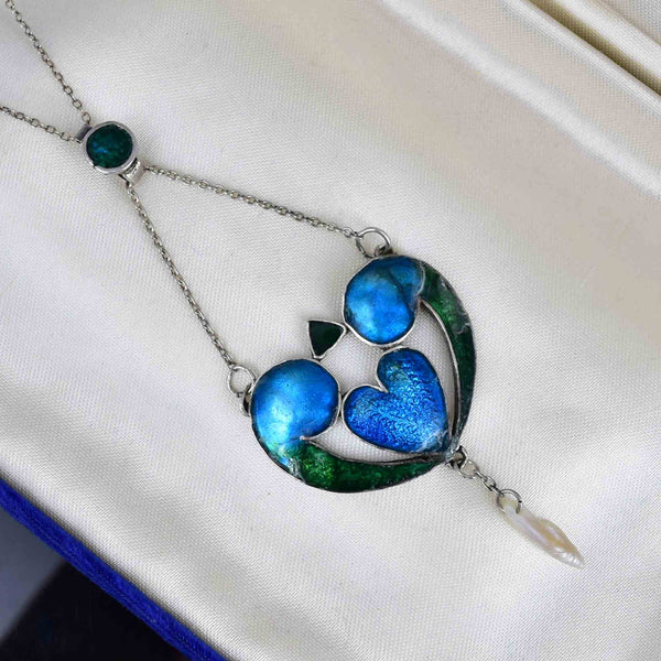 Silver Art Nouveau Blue Green Enamel Baroque Pearl Necklace - Boylerpf