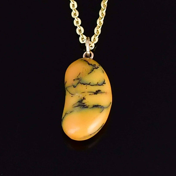 Vintage 9K Gold Dendritic Honey Opal Lucky Bean Necklace