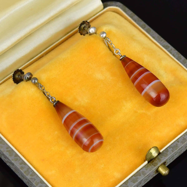 Antique Carnelian Banded Agate Silver Drop Earrings