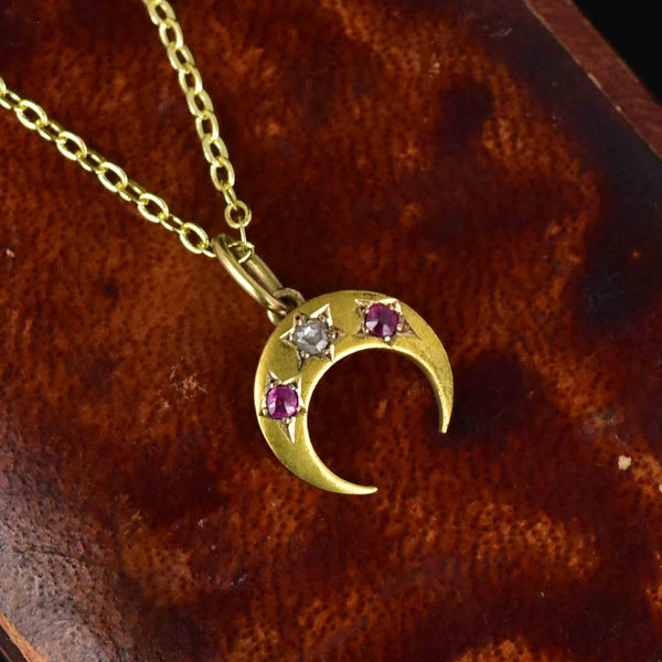 Antique 14K Gold Ruby Diamond Crescent Moon Pendant Necklace - Boylerpf