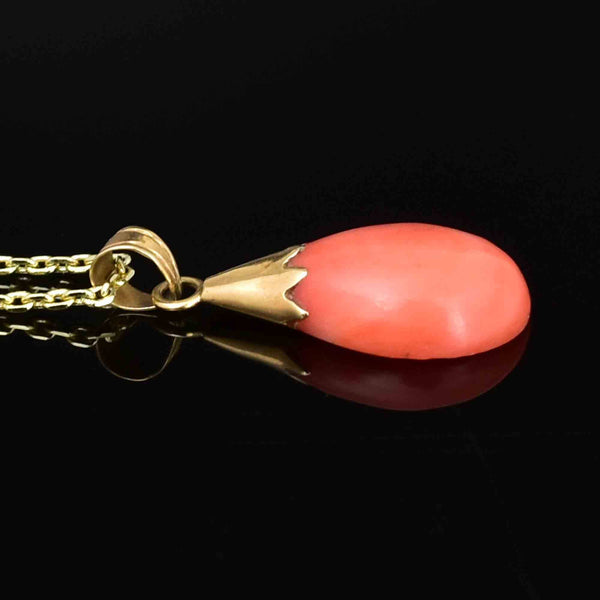 14K Gold Natural Salmon Coral Teardrop Pendant Necklace - Boylerpf