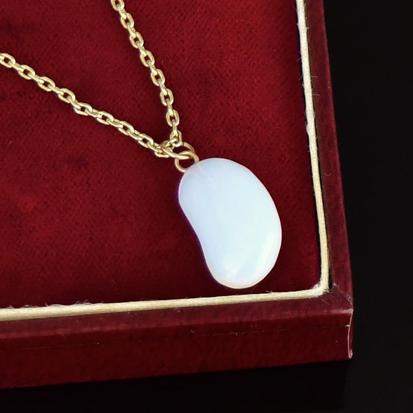 Vintage Opaline Glass 9K Gold Lucky Bean Charm Pendant Necklace - Boylerpf