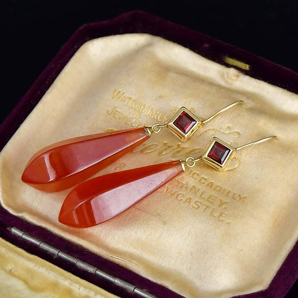 Vintage 10K Gold Garnet Carnelian Drop Earrings