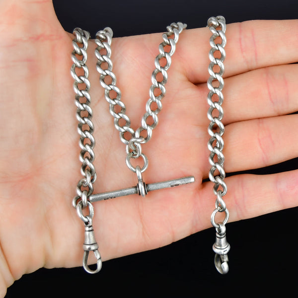 Antique Double Albert Watch Chain Necklace Sterling Silver