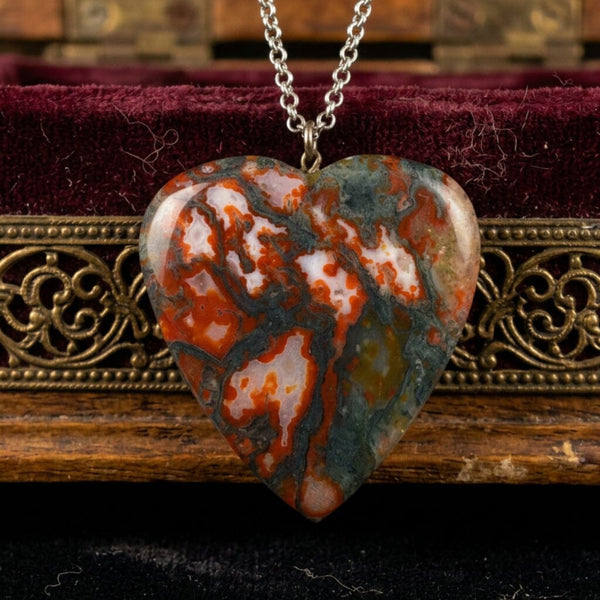 Vintage Scottish Moss Agate Heart Silver Necklace