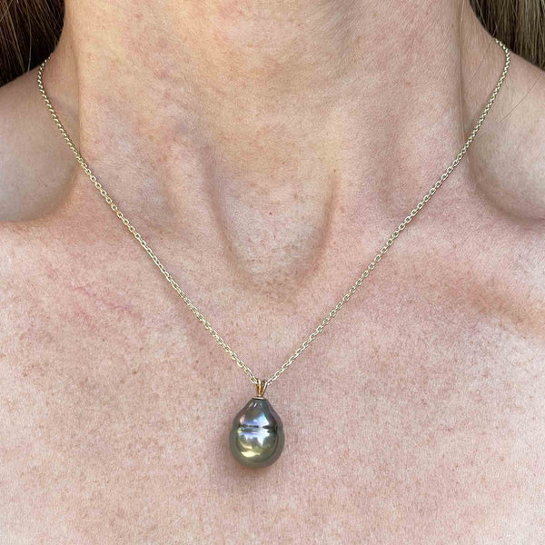 Vintage 14K Gold Baroque Black Pearl Pendant Necklace - Boylerpf